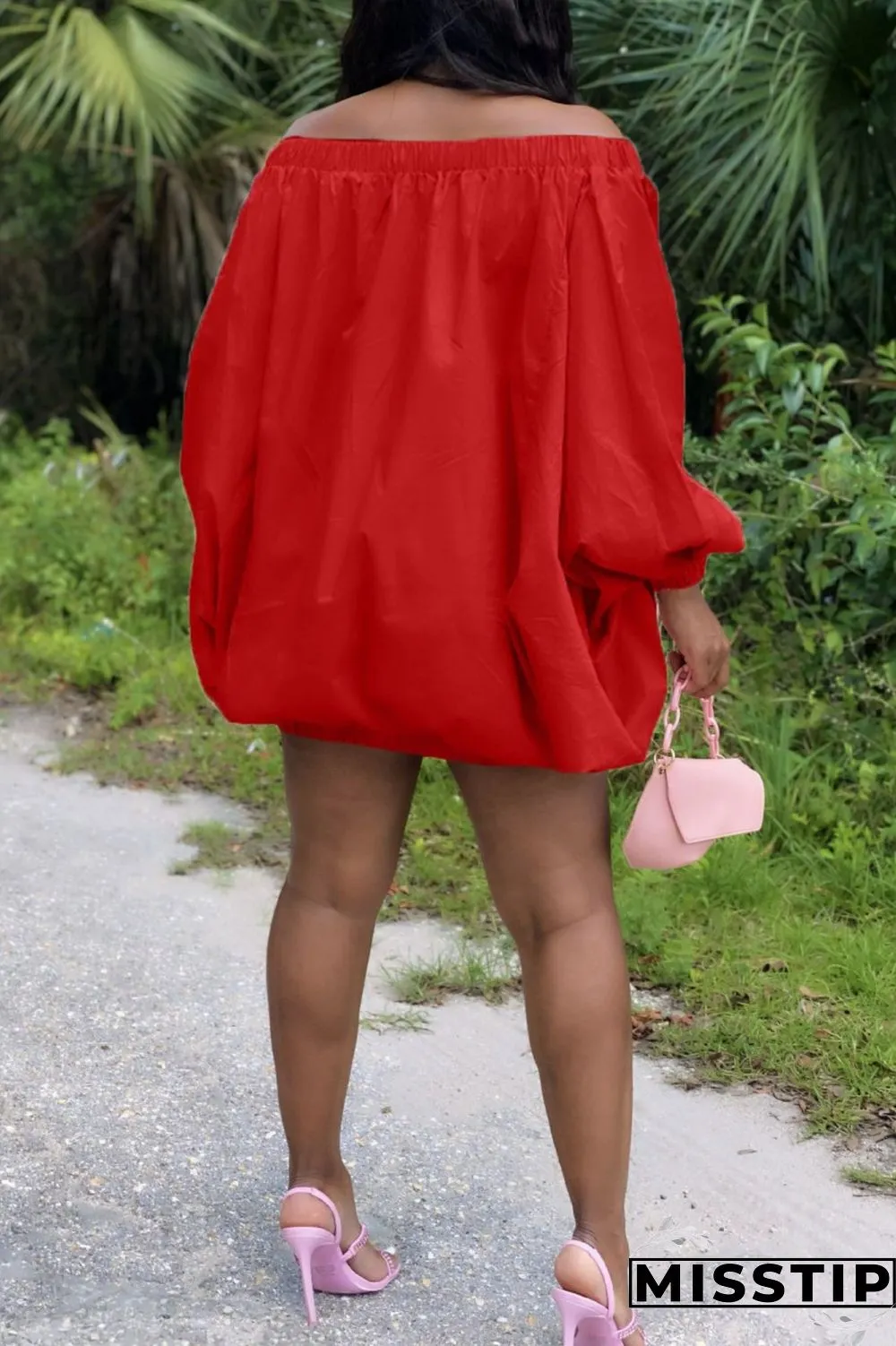 Pink Sexy Casual Solid Backless Off the Shoulder Long Sleeve Dresses