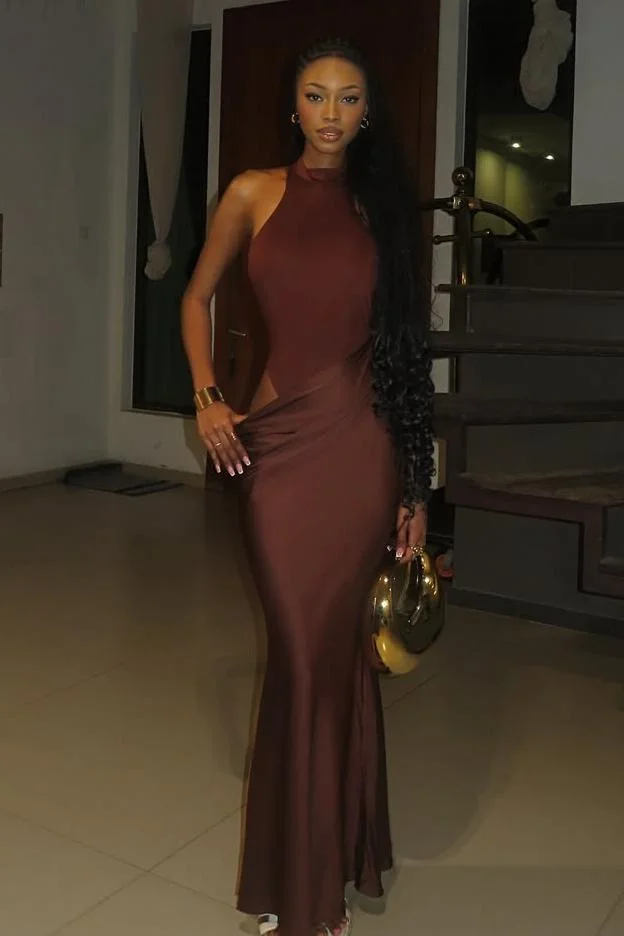 Chic High Neck Sleeveless Mermaid Long Prom Dress With Pleated XJ0348