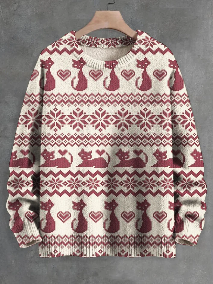 Men's Cat Snowflake Patterns Print Knit Sweatshirt