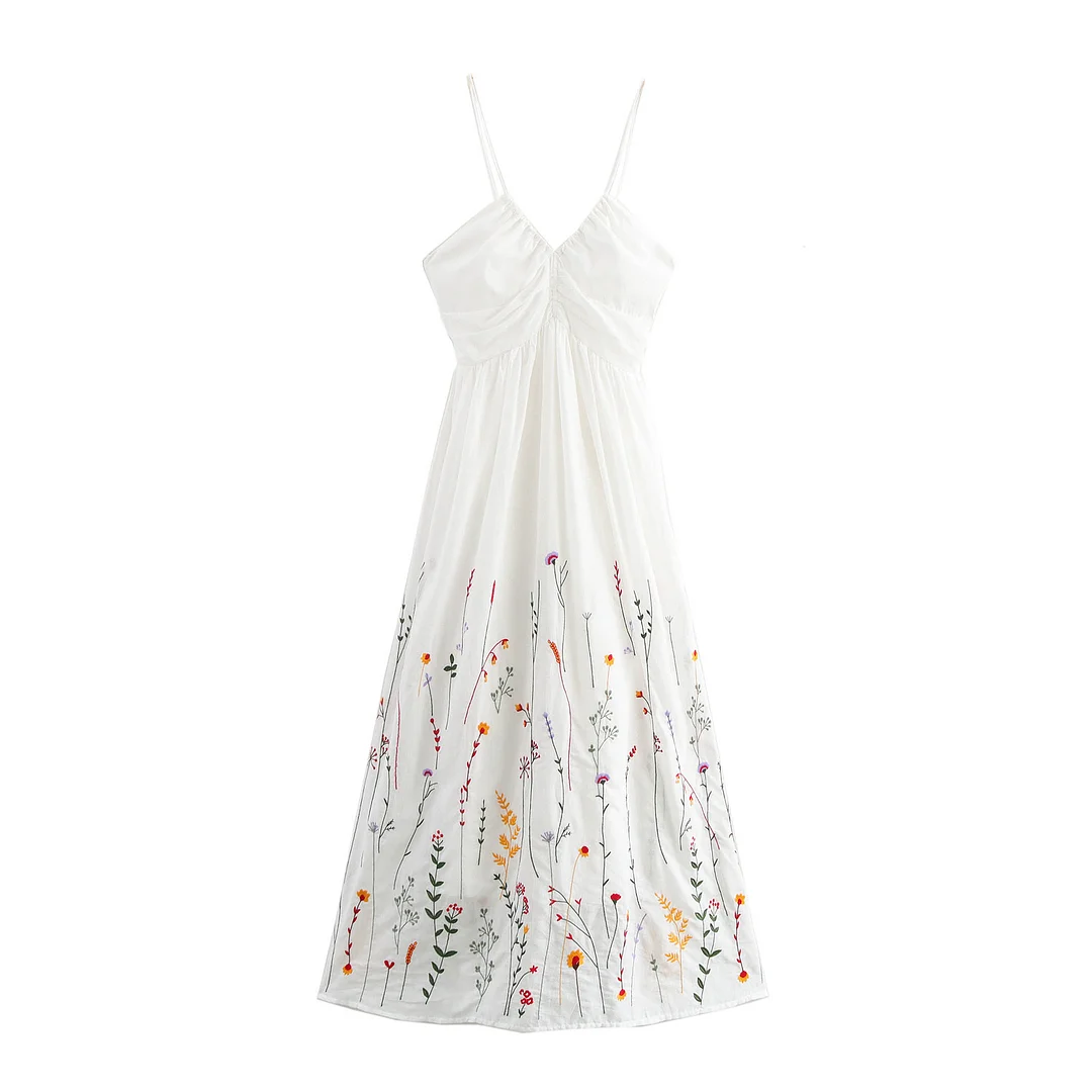Women's Simple Waist Cinching Flower Embroidery Suspender Maxi Dress