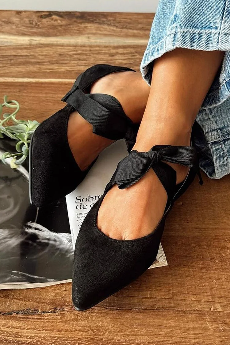 Tied Up Bow Solid Color Pointed Toe Black Flats [Pre Order]