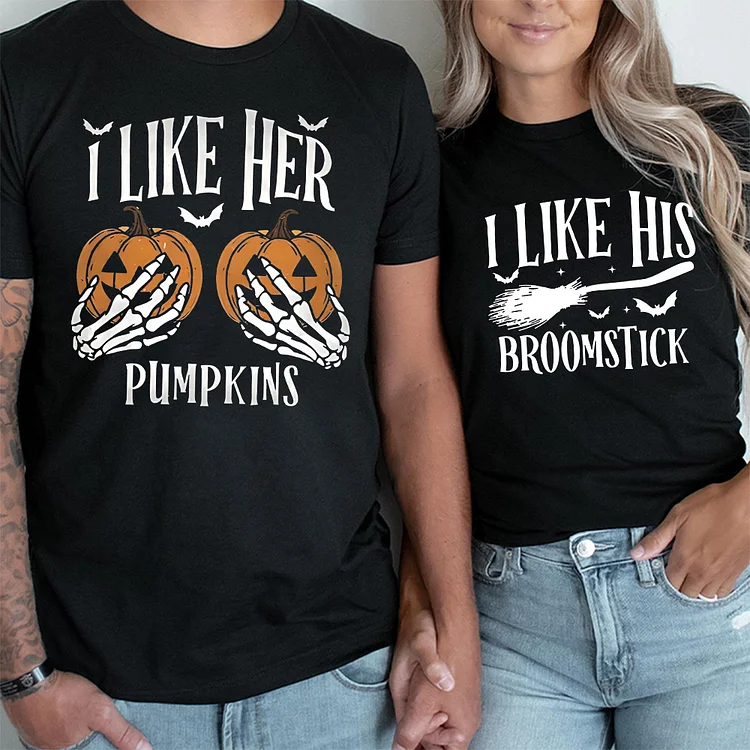 I Like His Broomstick I Like Her Pumpkins Funny Halloween Unisex T-shirt, Sweatshirt, Hoodie