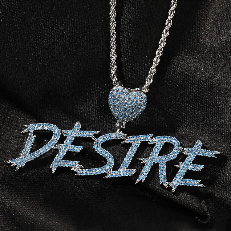 Custom Name Iced Out 2 Rows Blue CZ Heart Brush Letter Pendant Necklace-VESSFUL