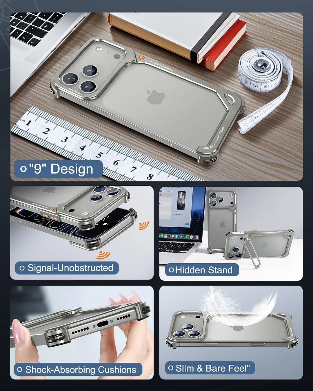 Compatible with iPhone 17 Pro Max metal protective case, aluminum frame, slim backless design, MagSafe compatible, shockproof protection, minimalist frameless phone case, natural titanium