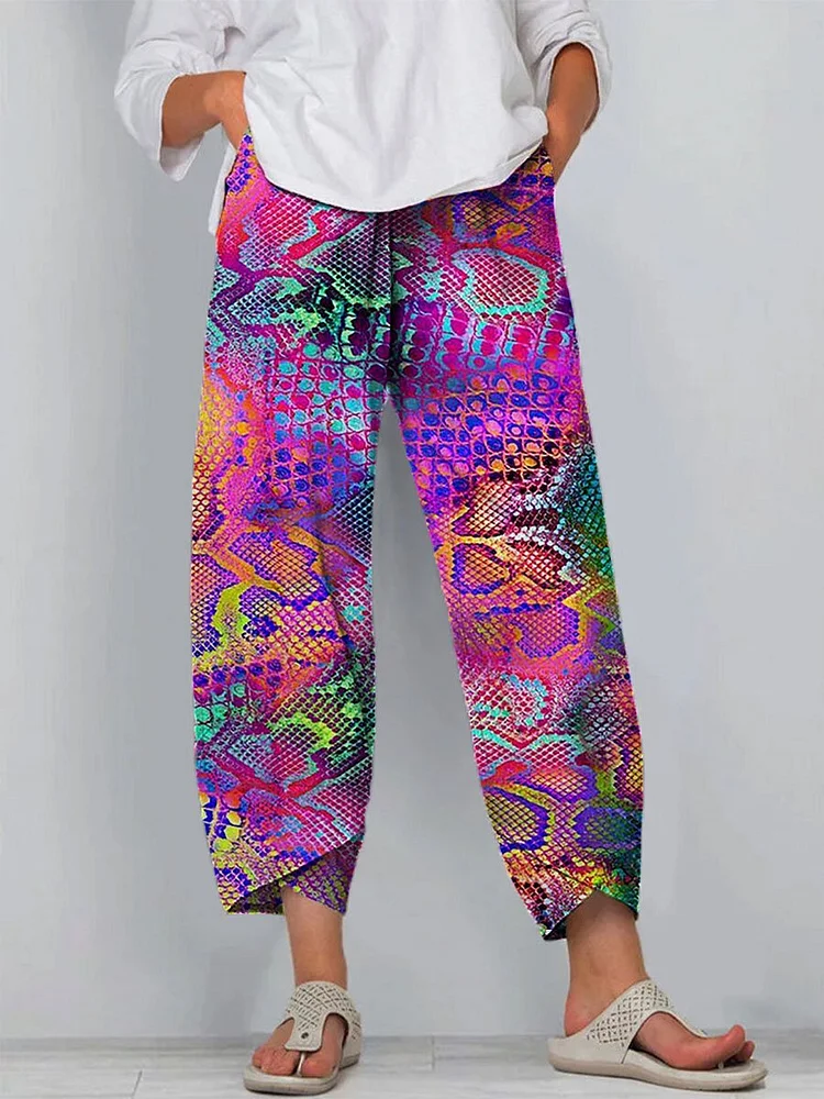 Colorful Snake Print Pattern Printed Women's Cotton And Linen Casual Pants