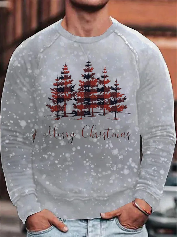 Men's Merry Christmas Tree Snowy Print Crew Neck Sweatshirt