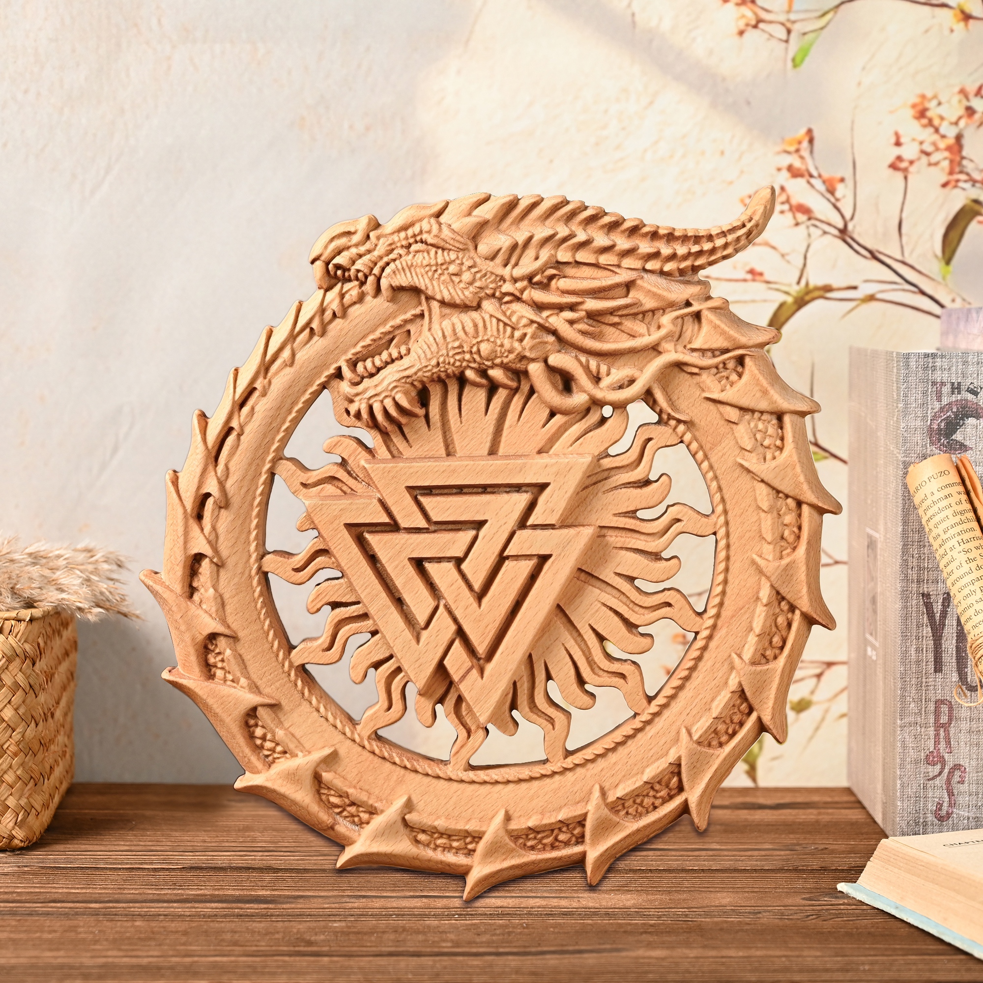Viking Beechwood Totem: Hand-Carved Ouroboros & Valknut Wall Art &ndash; Nordic Mythology Decor for Living Room, Study & Gaming Space