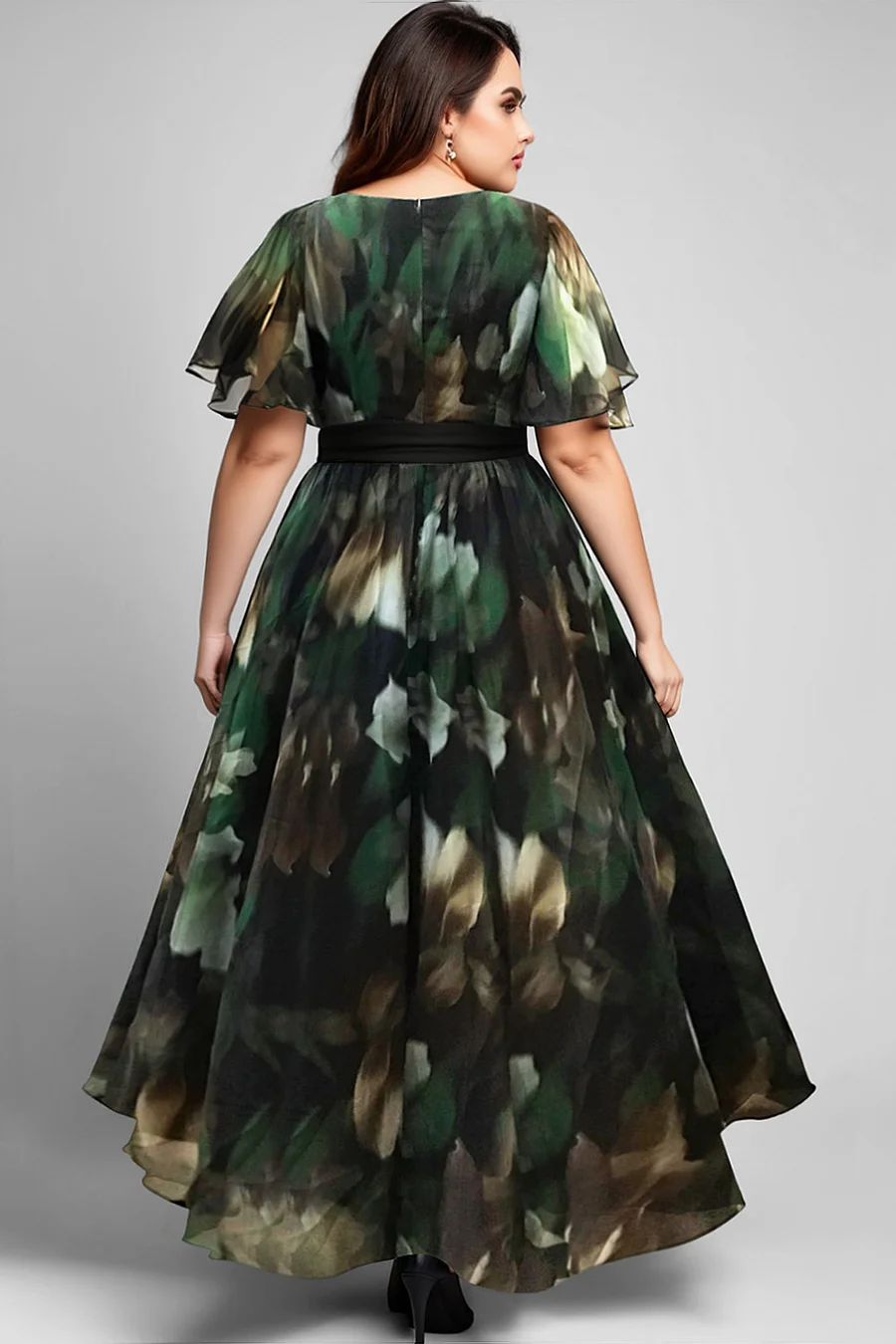 Flycurvy Plus Size Wedding Guest Green Chiffon Wrap Floral Print Flutter Sleeve Slit Maxi Dress