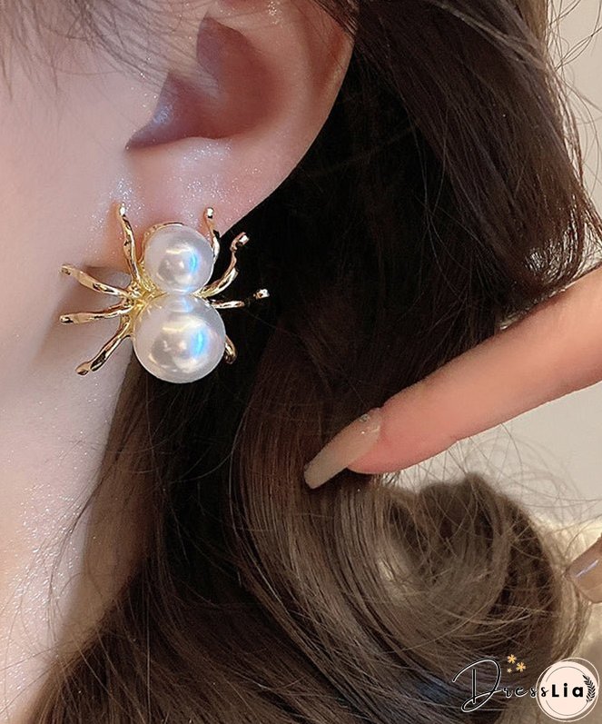 Unique White Sterling Silver Alloy Pearl Spider Stud Earrings