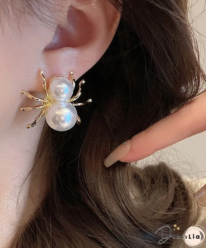 Unique White Sterling Silver Alloy Pearl Spider Stud Earrings