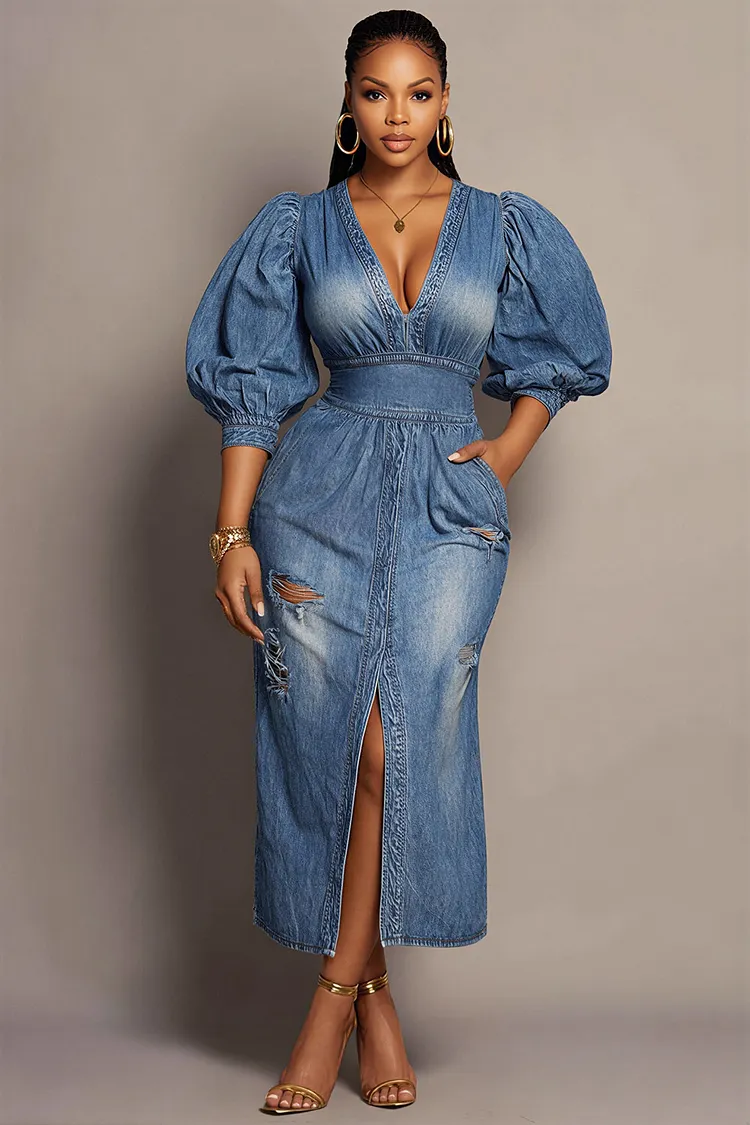 Xpluswear Design Plus Size Party Blue V Neck Puff Sleeve 3/4 Sleeve Pocket Ripped Denim Midi Dresses [Pre-Order] 2024 - Xpluswear