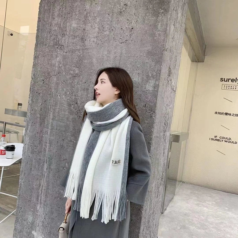 Imitation Cashmere Scarf Women’s Autumn And Winter Color-blocking Warm Japanese And Korean Style Couple Thickened Scarf Two-color Tassel Scarf