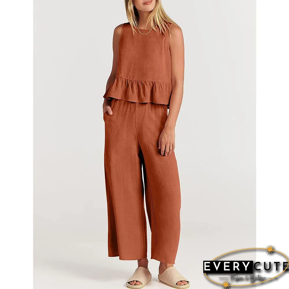 Orange Sleeveless Pleated Tank and Wide Leg Pants set
