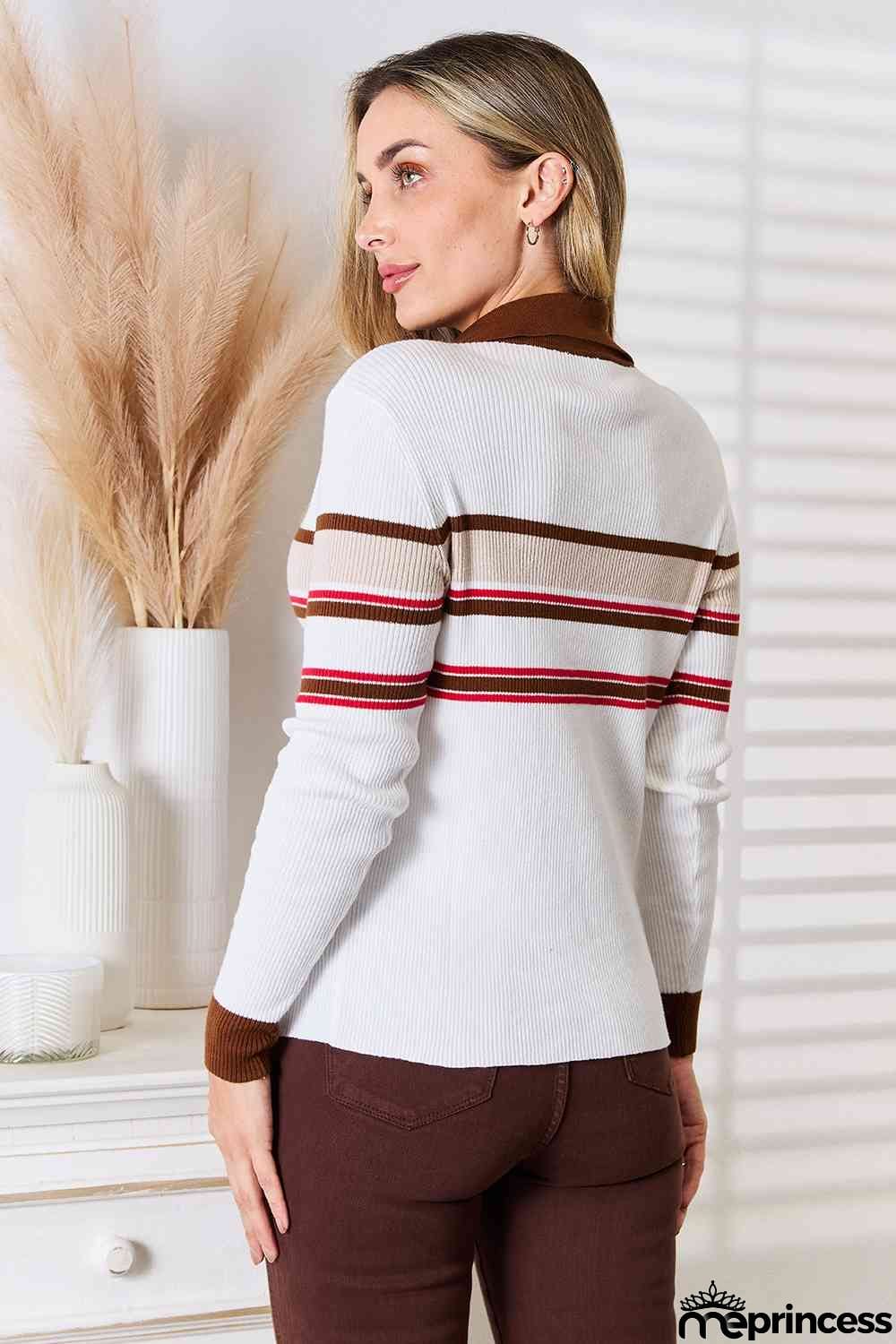 Basic Bae Striped Collared Neck Rib-Knit Top