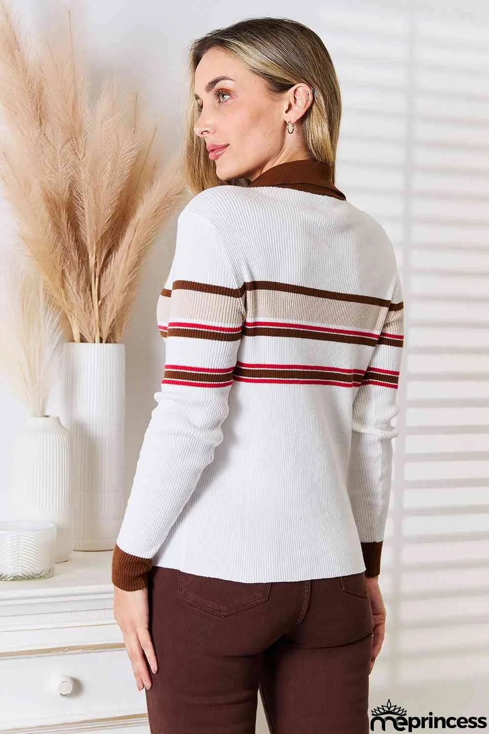 Basic Bae Striped Collared Neck Rib-Knit Top