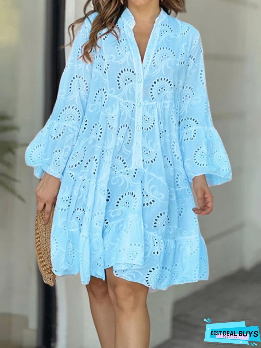 Spring and summer solid color v-neck loose embroidery hollow lace flower sexy dress