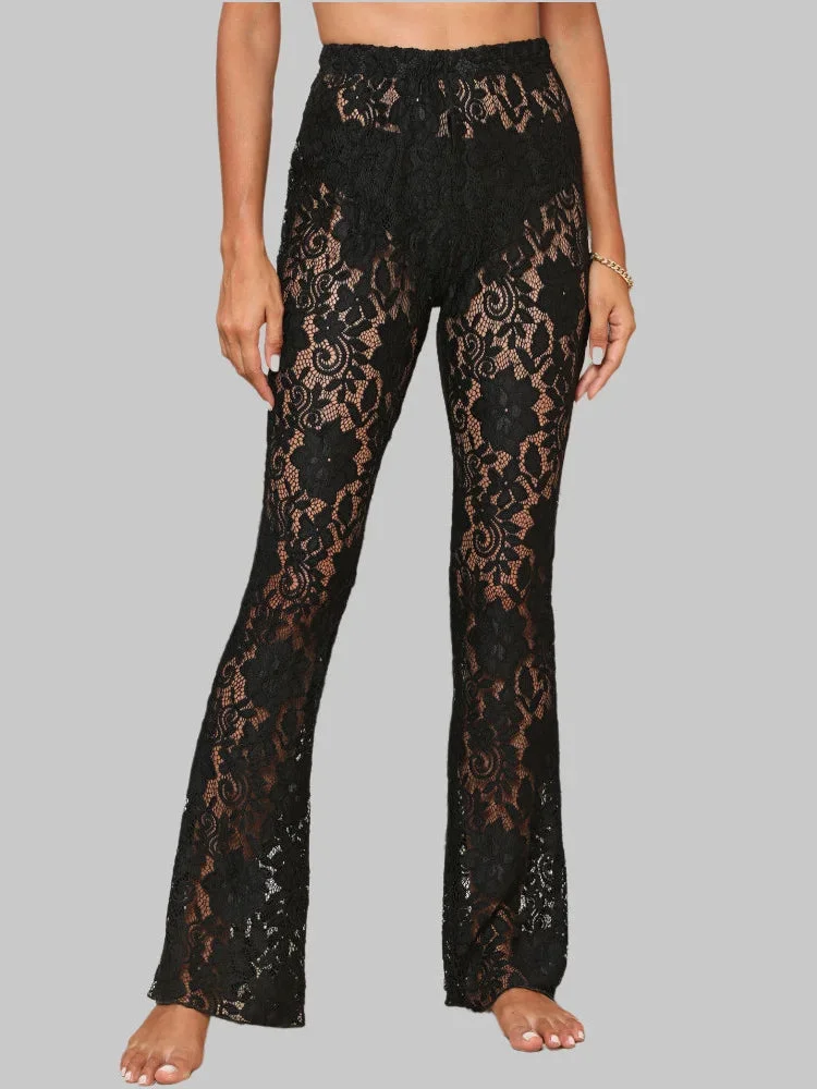 Nncharge Women Sheer Lace Floral Pants High Waist Flared Pants Summer Beach Club Sexy Trousers Streetwear