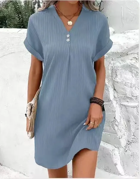 Nigikala Nigikala Women's 2025 New V-Neck Solid Color Jacket Comfortable Casual Button Dress