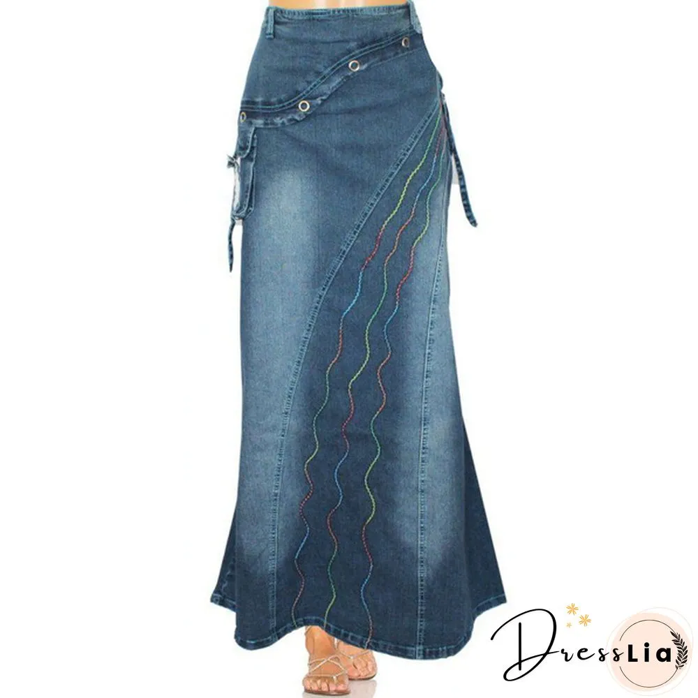 Women Fashion Casaul Stretch Cargo Denim Skirt Bell Skirt Floor Length Washed Denim Jeans Skirt Plus Size