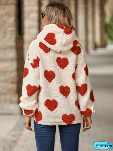 Fuzzy Heart Pocketed Dropped Shoulder Hoodie