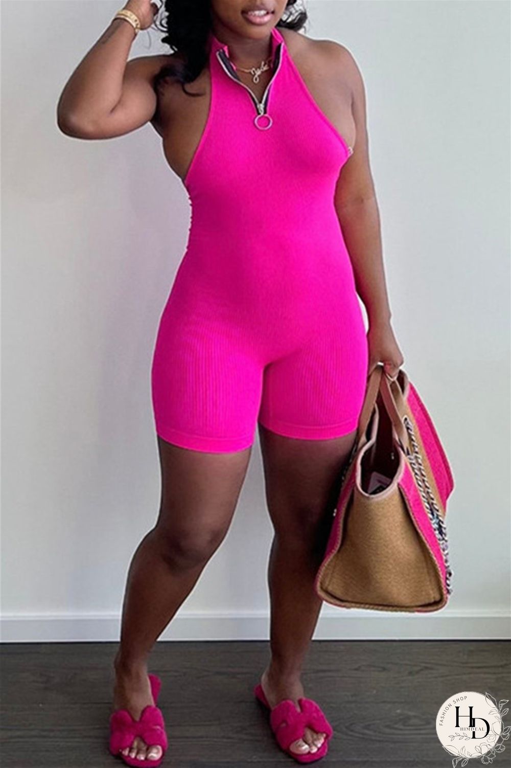 Rose Red Sexy Casual Solid Backless Halter Sleeveless Skinny Romper