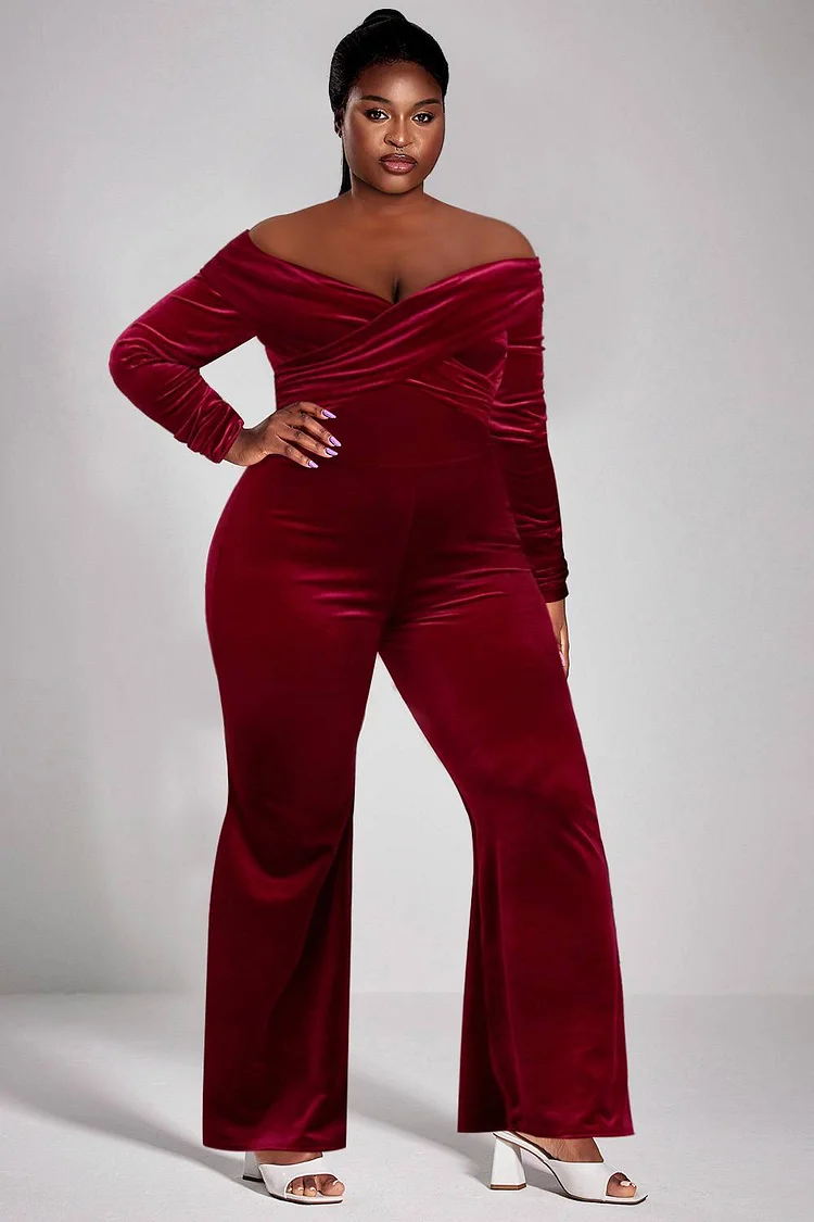 Xpluswear Design Plus Size Party Jumpsuits Burgundy Fall Winter Off The Shoulder Long Sleeve Velvet Jumpsuits [Pre-Order]