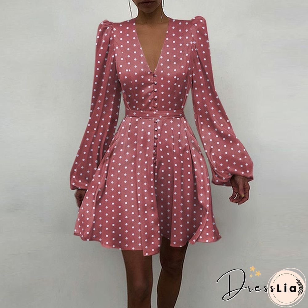 Autumn Spring Dresses Women Stain Silk Polka Dot Puff Long Sleeve V Neck Party Mini A Line Dress Plus Size