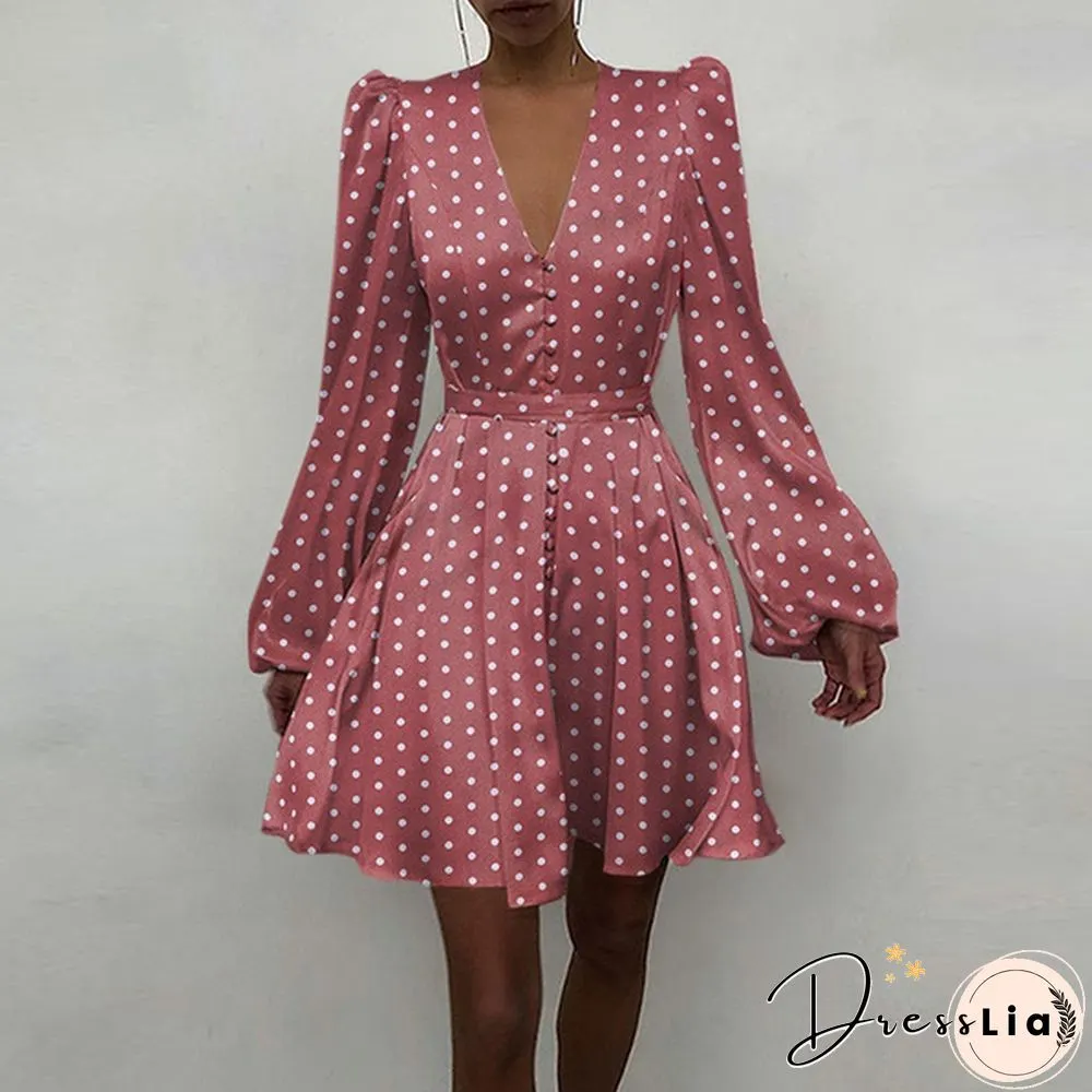 Autumn Spring Dresses Women Stain Silk Polka Dot Puff Long Sleeve V Neck Party Mini A Line Dress Plus Size