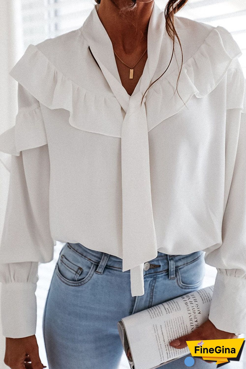 Fashion Street Solid Patchwork Frenulum Turndown Collar Tops