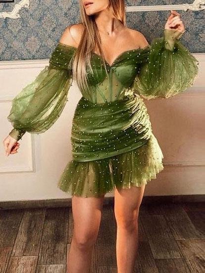 Fashion sexy off-shoulder long sleeve net yarn dress-zachics