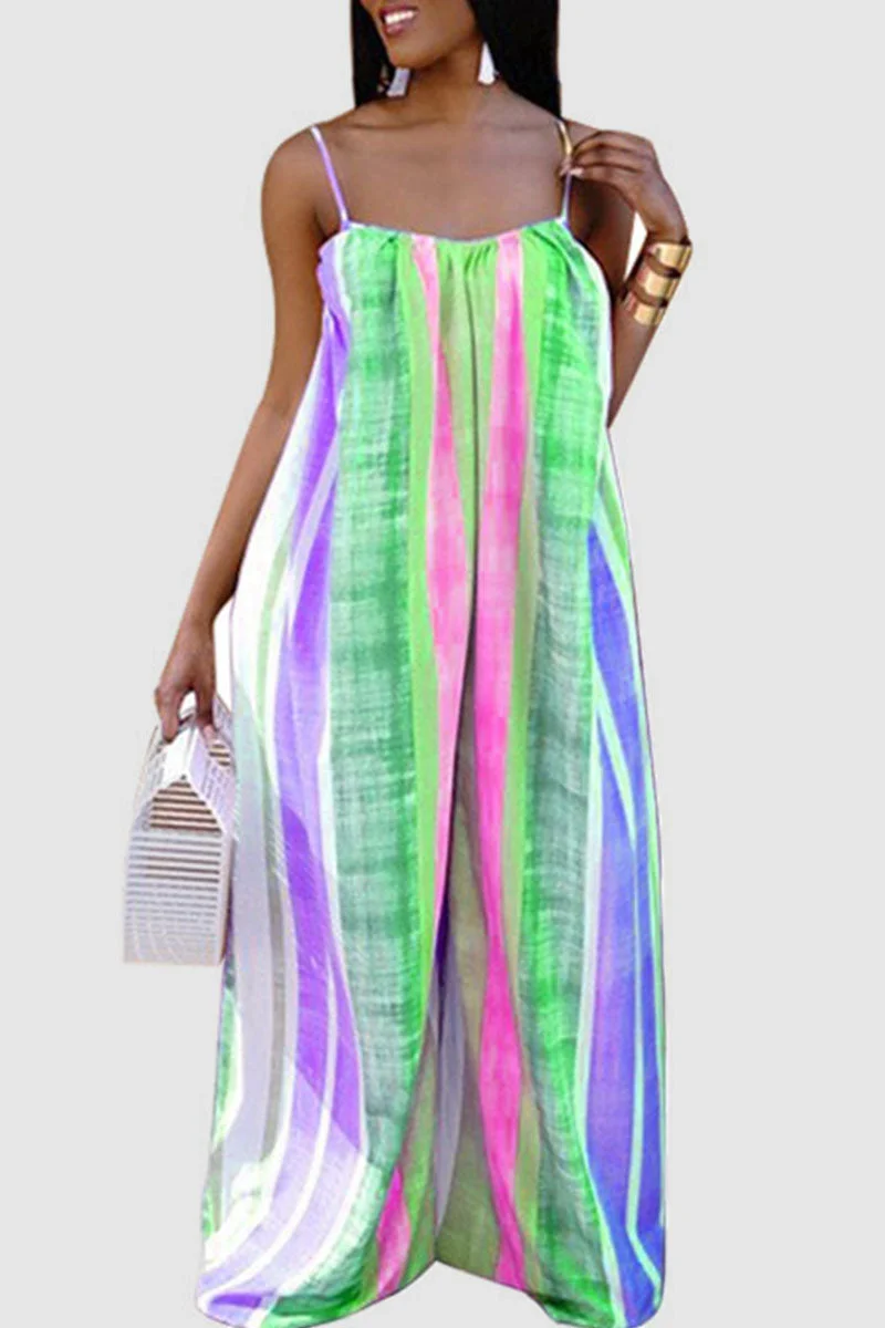 Casual Print Pocket Spaghetti Strap Loose Jumpsuits