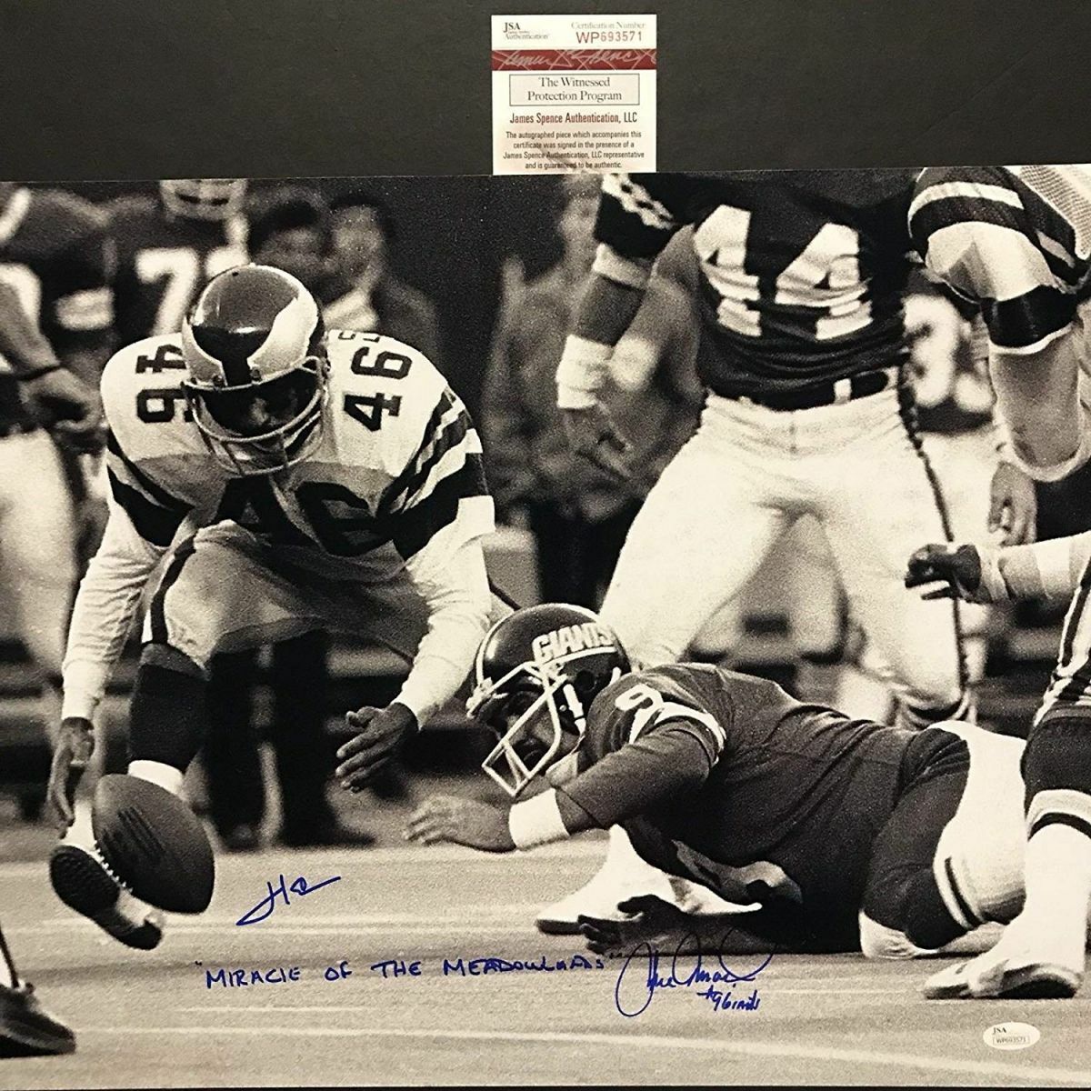 Signed HERM EDWARDS JOE PISARCIK Miracle At The Meadowlands 16x20 Photo Poster painting JSA COA