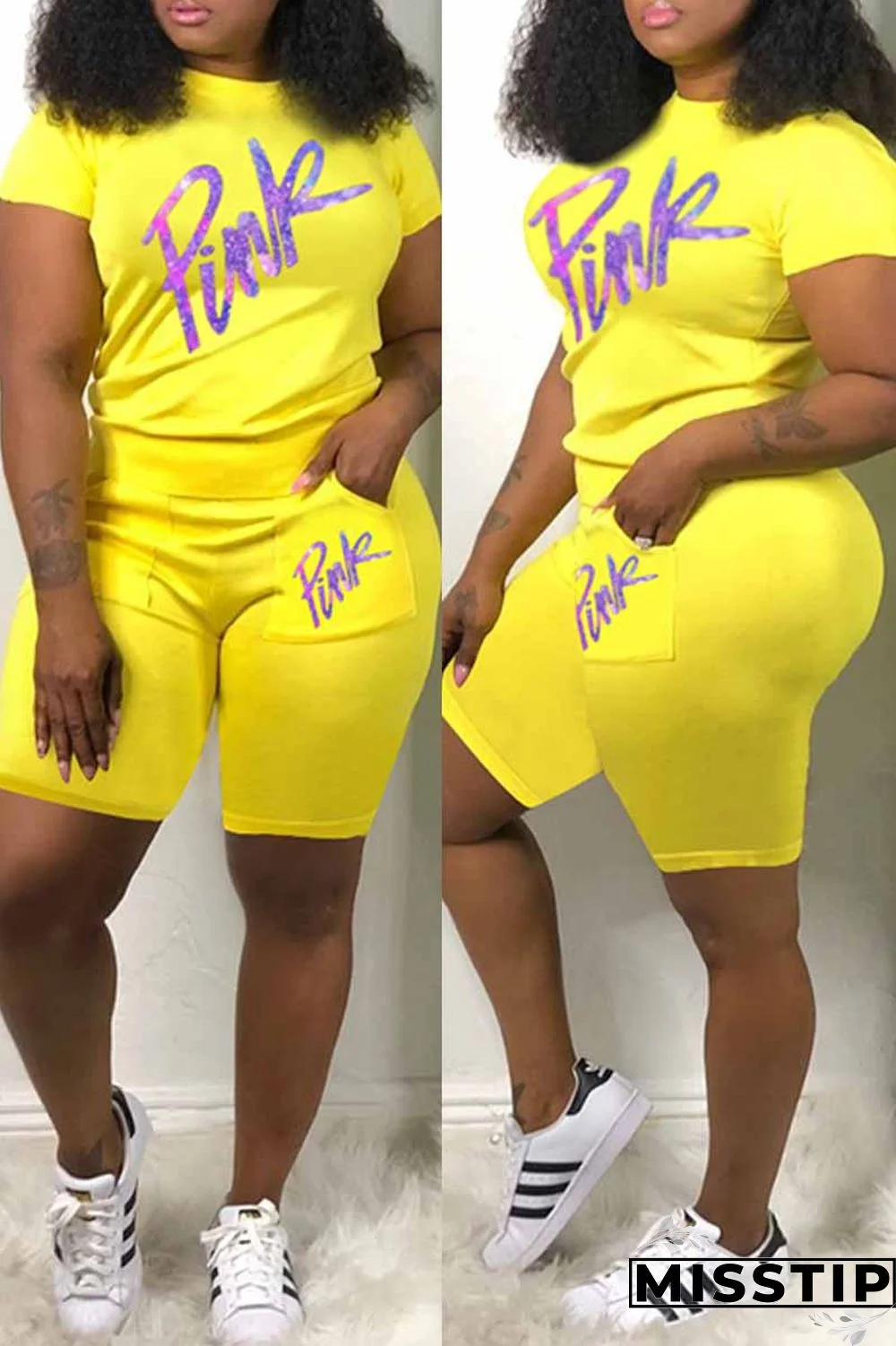 Yellow Casual Print Letter O Neck Short Sleeve Two Pieces