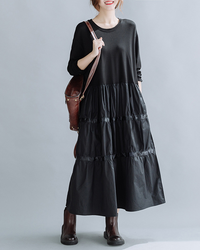 Tiered Flared Hem Round Neck Long Sleeve Maxi Dress