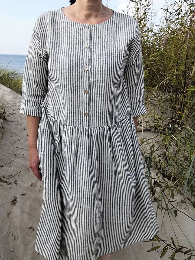 Women's Casual Round Neck 3/4 Sleeve Striped Print Button Dress