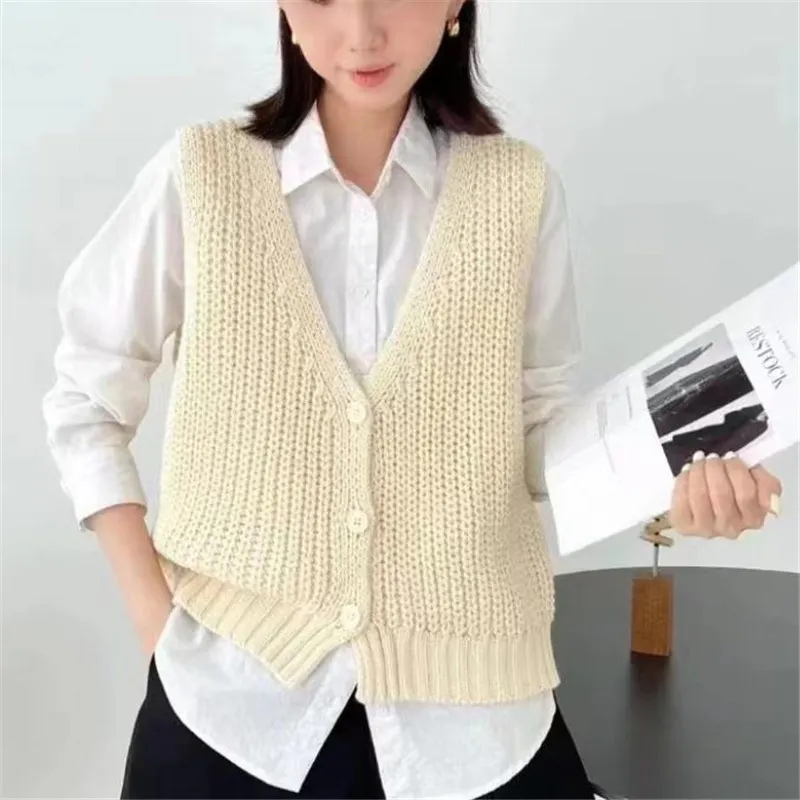 Churchf Churchf Spring 2024 New Solid Color Knit Vest Vest Jacket Loose Versatile Sleeveless Cardigan Sweater Vest Female