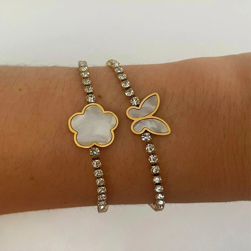 Sweet Minimalist Classic Style Butterfly 316L Stainless Steel  18K Gold Plated Imitation Pearl Rhinestones Shell Bracelets In Bulk