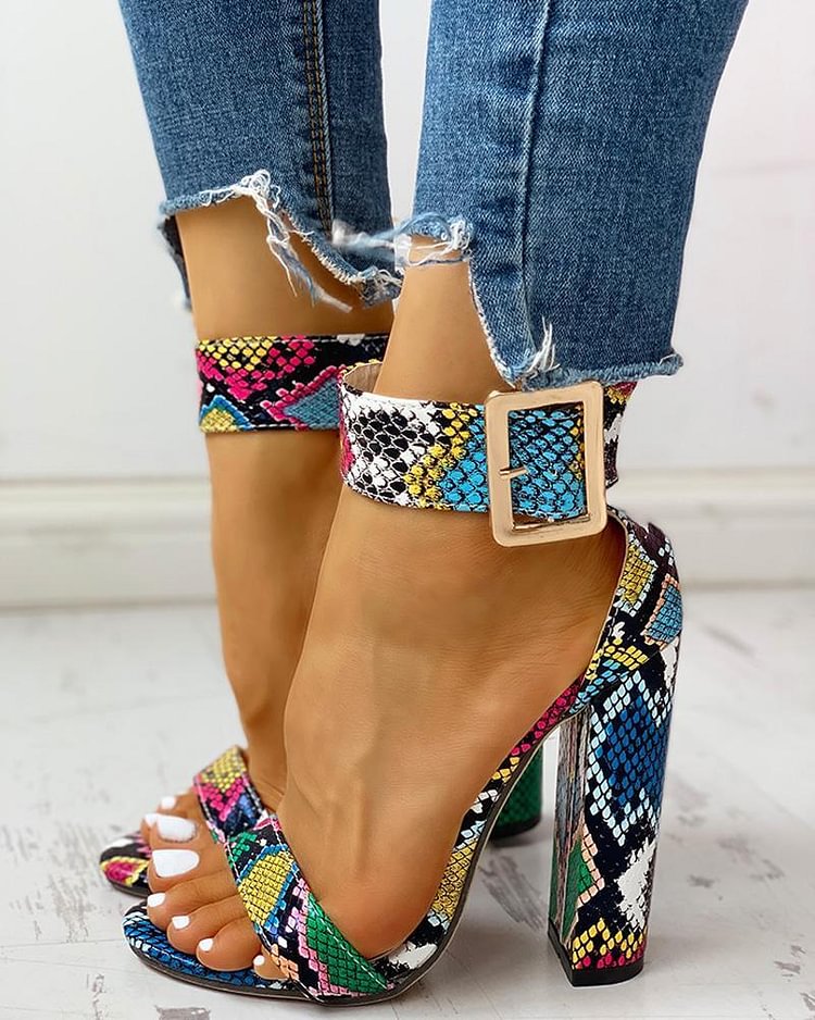 Snakeskin Ankle Buckled Chunky Heeled Sandals