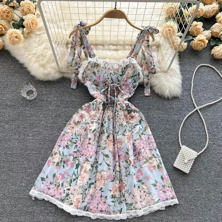 Flaxmaker Sweet Lace Bowknot Tie-shoulder Blossom Printed  Dress
