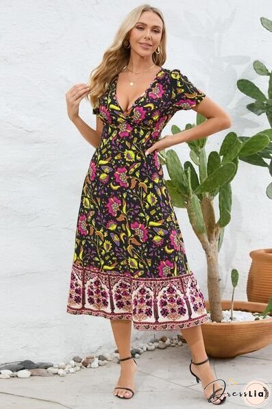 Printed Surplice Short Sleeve Dress