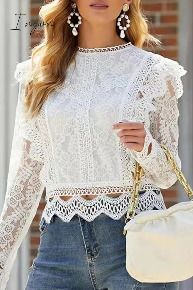 Ingvn - Sexy Solid Lace Zipper O Neck Tops White / S Tops/Long Sleeve