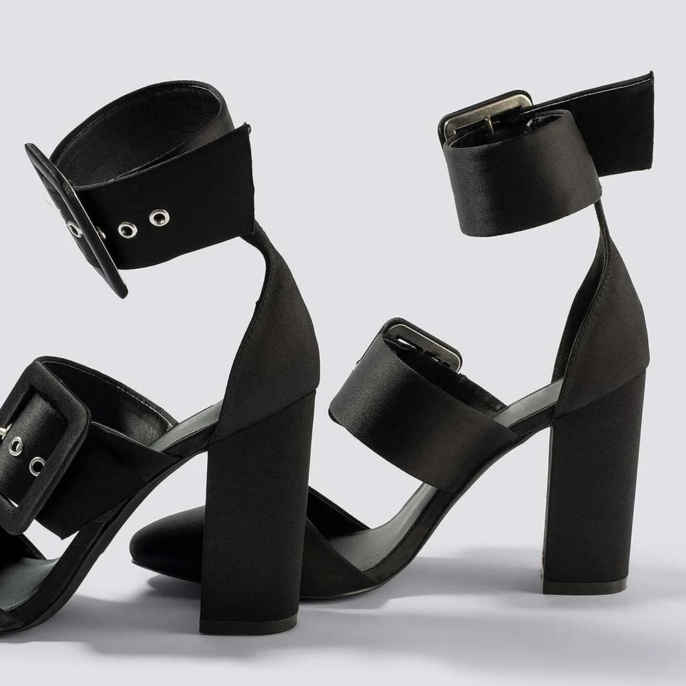 YDN Stylish Black Satin Almond Toe Buckle Strap Chunky Heels