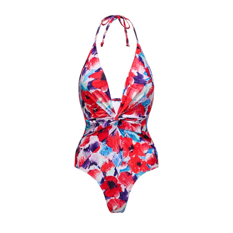 Halter Backless Violet Print One Piece Swimsuit