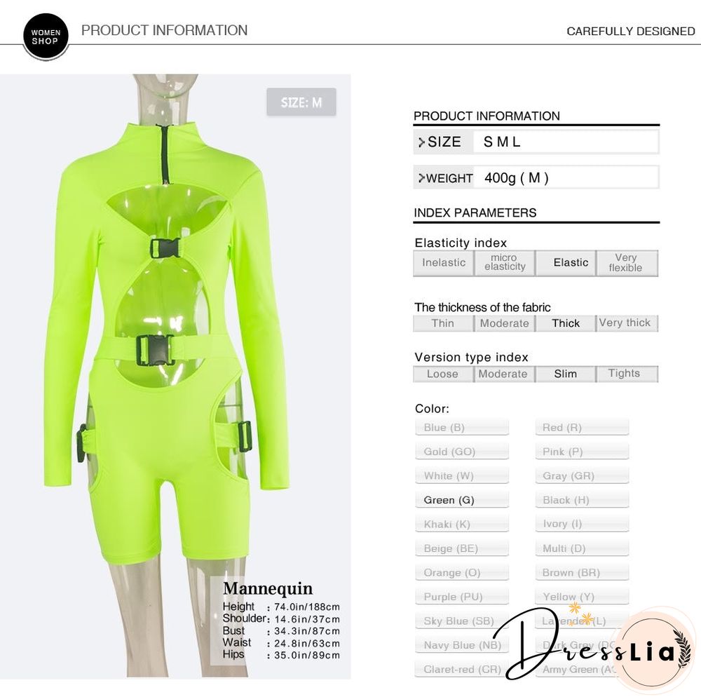 Women's Shorts Fluorescent Green Long Sleeve Jumpsuit