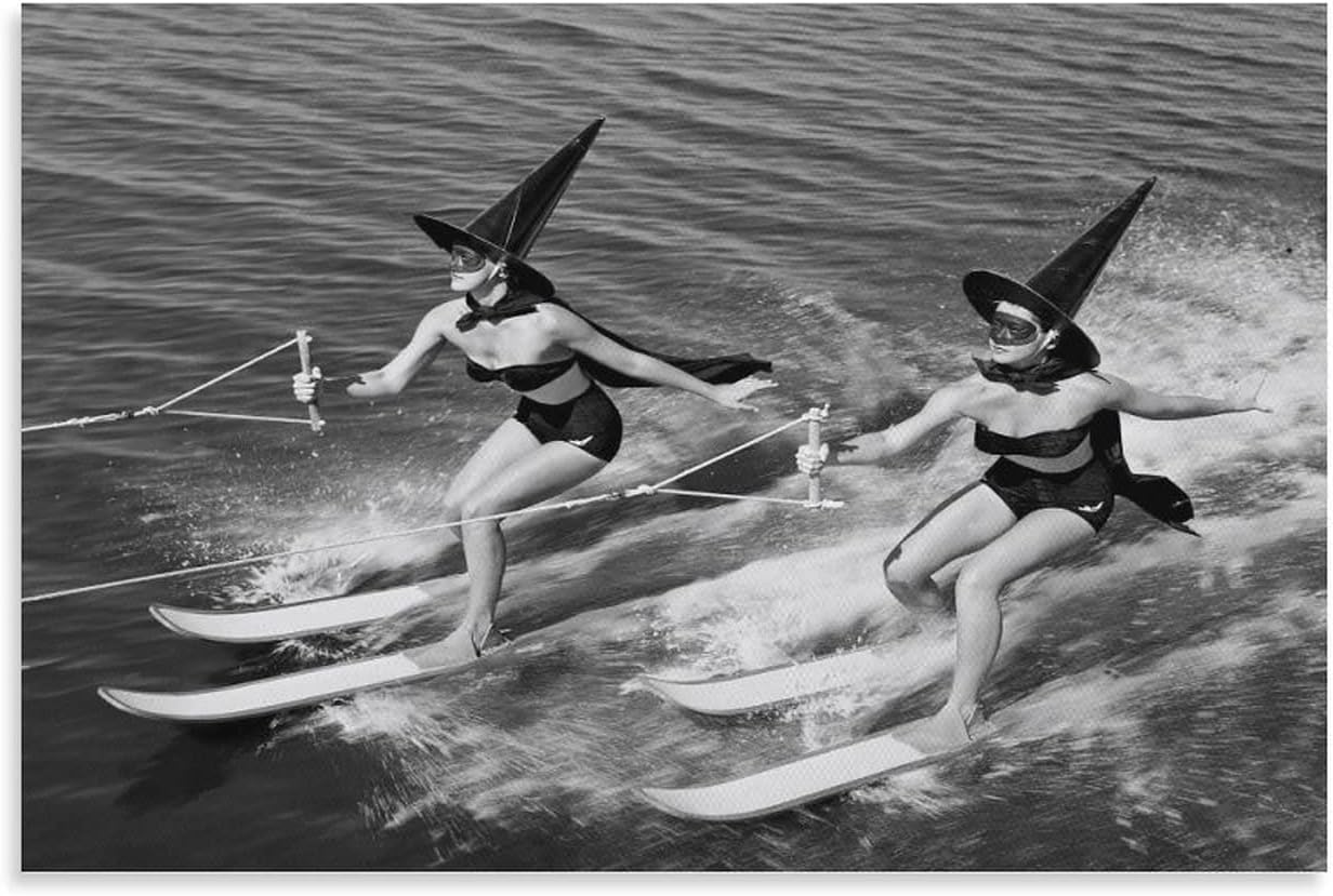 Witch Water Ski Spooky Beach Ambiance Old School Beach Style Wall Art Black And White Poster Canvas Painting Posters And Prints Wall Art Pictures for Living Room Bedroom Decor 24x36inch(60x90cm) 24x36inch(60x90cm)