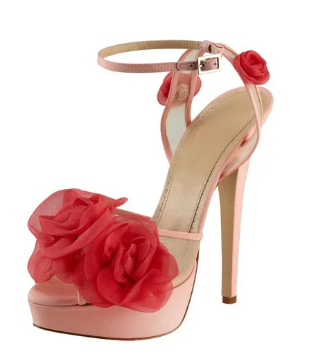 Pink Silk Flower Peep Toe Mesh Ankle Strap Sandals Vdcoo
