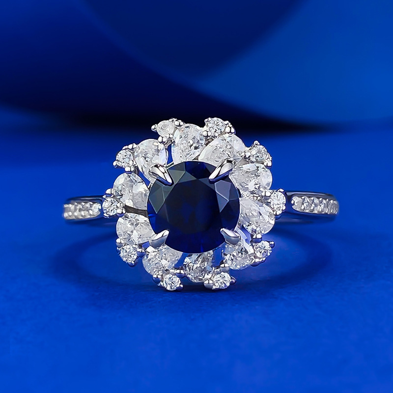 MIKAMU Jewelry S925 Silver 6.0mm Blue Sapphire Full Diamond Ring for Women