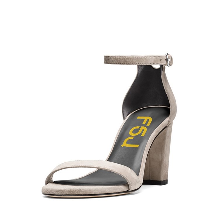 Women's Grey Ankle Strap Sandals Suede Open Toe Block Heels |FSJ Shoes image 1