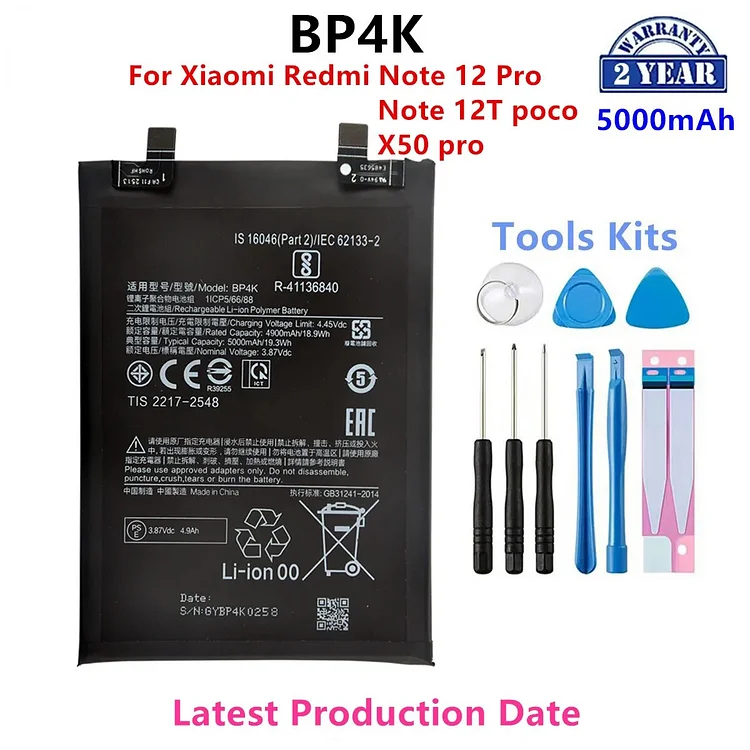 100% Orginal BP4K 5000mAh  For Xiaomi Redmi Note 12 Pro / Note 12T poco X50 pro Phone Replacement Batteries+Tools
