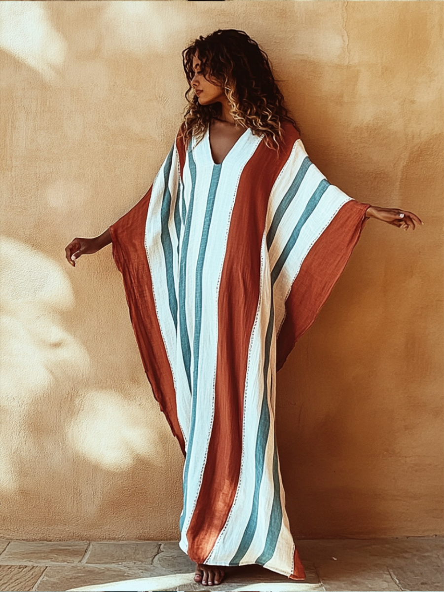 Women's Thick and Thin Striped Linen V-Neck Kaftan